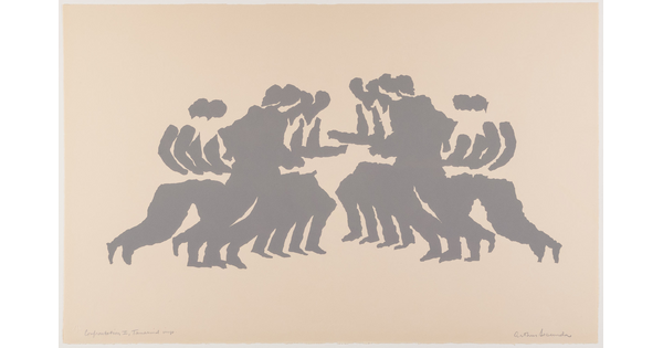 A color print of gray silhouettes of two groups of figures running toward each other.