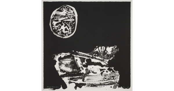 An abstract black-and-white print of a mix of organic shapes and recognizable objects, like a key and nail file, arranged within two shapes on a black background.