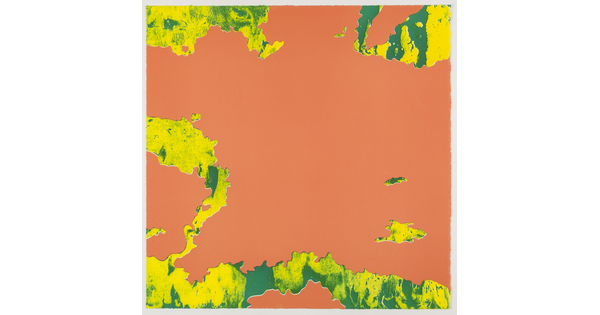 An abstract color print of a solid orange background with organic yellow and green rivulets flowing onto it like water.