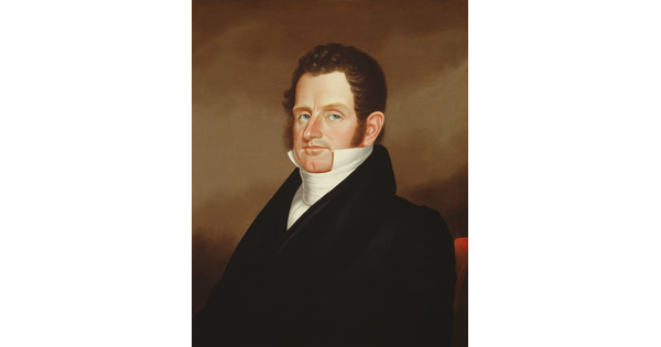 An oil painting of a White man with short brown curly hair and blue eyes wearing a black jacket over a white shirt with a high collar.