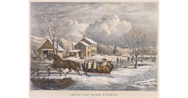 A color print of a horse-drawn sleigh crossing a snowy bridge, people playing on an icy pond, and farmhouses in the background.