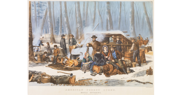 A color print of White adults and children congregating outside a log shack in a snowy, wooded area.
