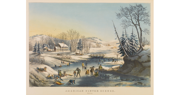 A color print of a snowy landscape with lots of people ice skating, sledding, and playing winter sports on a frozen river.