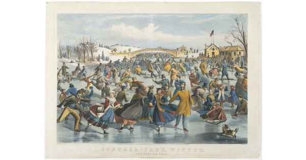 A color print of a frozen pond with lots of people ice skating in their winter clothes.