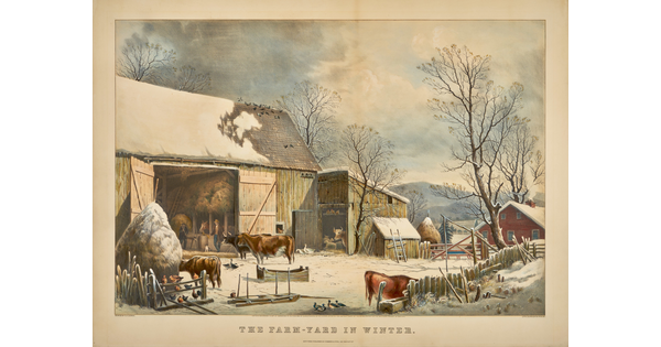 A color print of grazing cattle, a barn, a farmhouse, and farm equipment in a snowy setting.