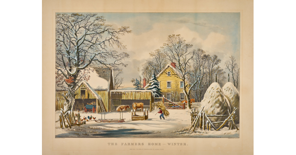 A color print of a yellow barn and farmhouse in a snowy winter setting with a working farmer, cows, and chickens.