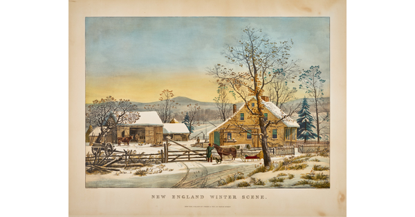 A color print of a snow-covered farm house and barn and horses in a paddock.