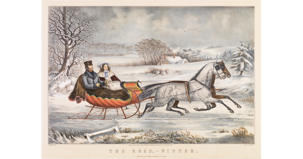 A color print of a White couple in a horse drawn-sleigh riding through a snowy countryside with the words, "The Road - Winter" under the illustration.
