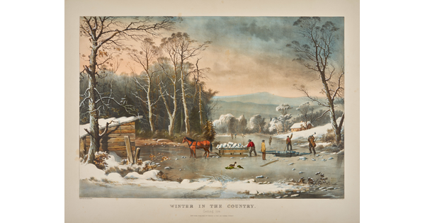 A  hand-colored print of a winter landscape with people loading blocks of ice from a hole cut in an icy pond onto a horse-drawn wagon.
