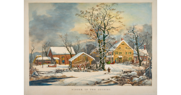 A color print of a barn and farmhouse in a snowy winter scene.