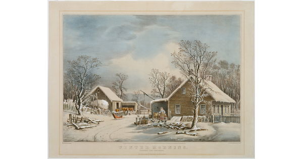 A color print of a snow-covered house and barn and a woman feeding chickens.