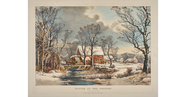 A color print of a snowy landscape with an icy stream running by a grist mill and houses in the distance.