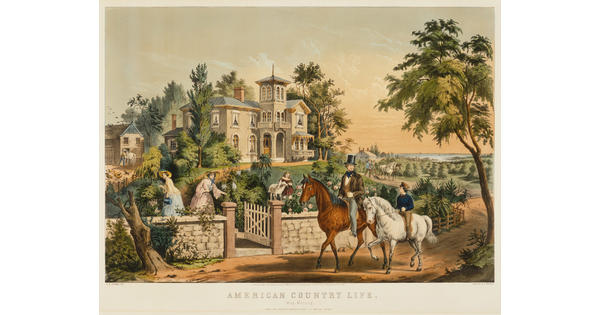 A color print of two people on horseback trotting past a fenced-in garden in which women pick flowers in front of a large house.