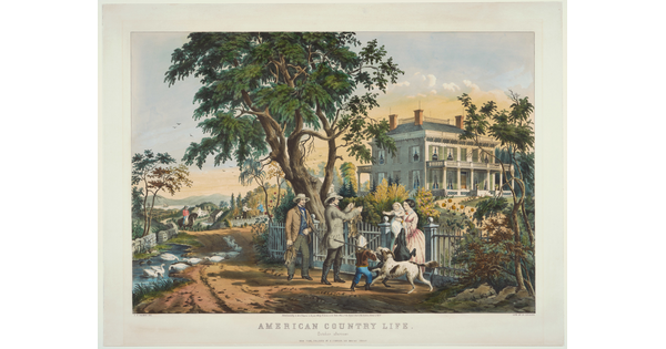 A color print of two White men, a child, and two dogs at the gate of a picket fence after a successful hunt, greeting a White woman holding a baby in front of a large country home.