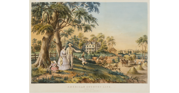 A color print of an elegantly dressed White family standing in front of a country estate as workers harvest hay and tend animals in the background.