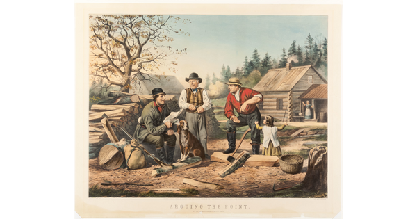 A color print of three White men and a child conversing near a wood pile on a clear, fall day.