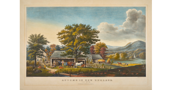 A color print of a people working next to a barn on a rural farm in a picturesque landscape with fall foliage.