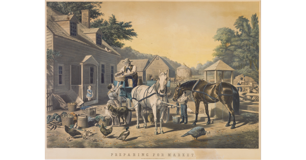 A color print of a White farming family loading goods onto a horse-drawn carriage that is stopped in front of a house.