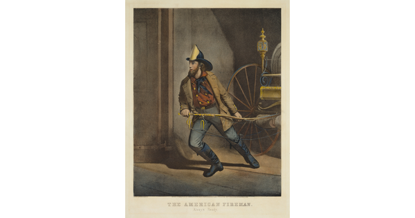 A color print of a White fireman wearing a hat and coat pulling a fire engine wagon from a garage.