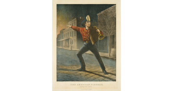 A color print of a White fireman holding a bullhorn and pointing toward a fire.