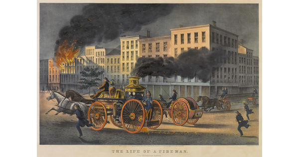 A color print of two horse-drawn fire wagons heading toward a burning building.