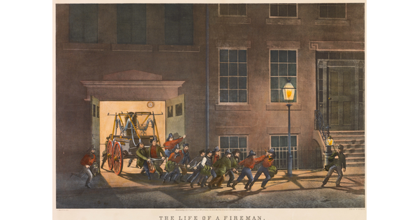 A color print of a group of White men rolling a firefighting carriage out of a garage onto a dark street.