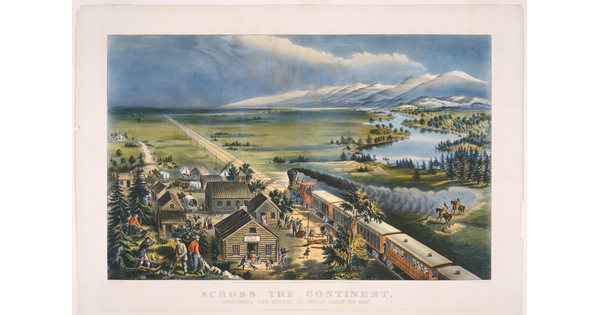 A color print of a train traveling through a busy town toward flat, open land.