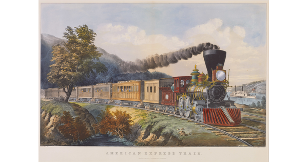 A color print of a passenger train with dark smoke billowing out of the engine stack.
