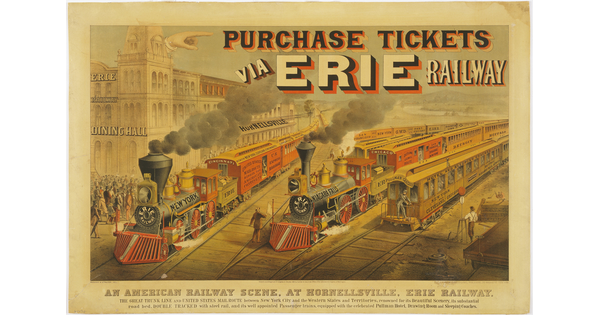 A color print of a train yard with two forward facing black steam trains and a caboose, and the words, "Purchase tickets via Erie railway" over the top of the illustration.