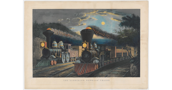 A print of two trains traveling side-by-side and blowing smoke on a moonlit night.