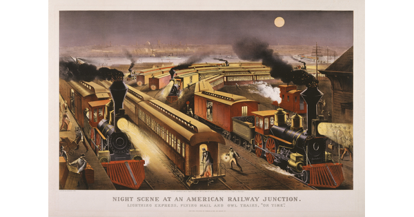 A color print of several trains in a train yard loading and unloading passengers and cargo on a full-moon night.