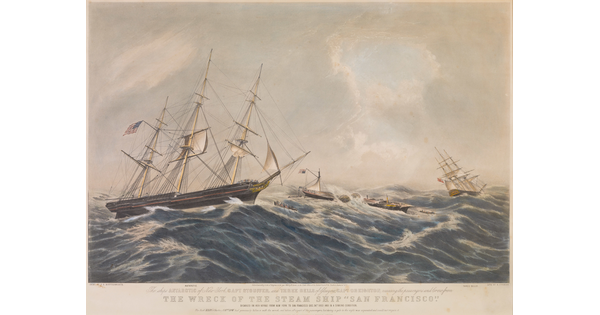 A color print of three ships on violent seas tossed in different directions with the words, &quot;The wreck of the steamship &#039;San Francisco&#039;&quot; under the illustration.