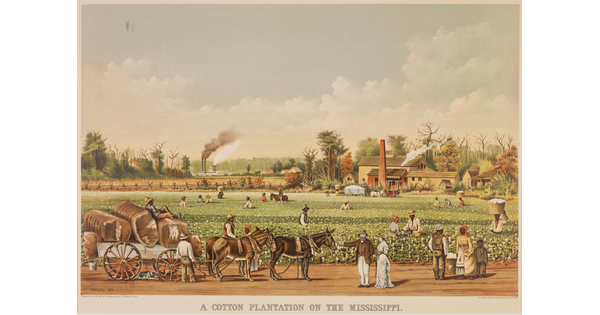 A color print of a cotton field with Black people picking the crops while, in the foreground, a White couple stands by a horse-drawn cart filled with cotton bales.