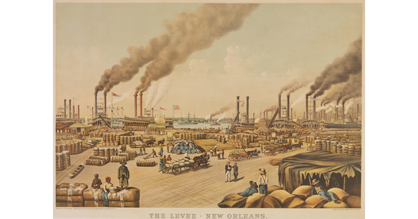 A color print of a busy port filled with people, cargo, and ships with the title, "The Levee - New Orleans" under the illustration.