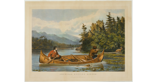 A color print of two White men in a canoe on a lake; the man at the back paddles as the other aims his rifle at a stag on shore.
