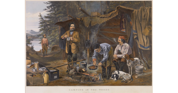 A color print of four men and their dogs around a cooking fire at their camp.