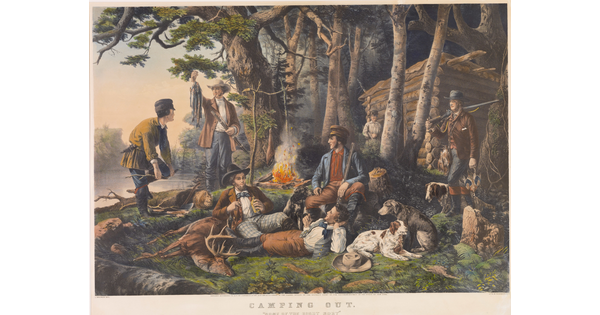 A color print of White men and their hunting dogs lounging near a campsite after successfully hunting and fishing.
