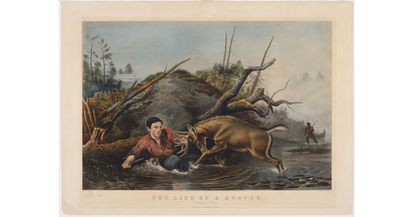 A color print of a stag headbutting a man who is crouched in a creek holding a knife.