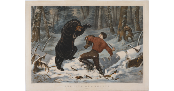 A color print of a snowy forest where a man with a knife fights a bear as another man behind a tree prepares to shoot the bear.