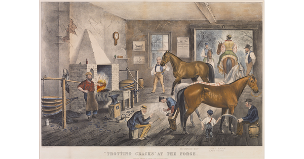 A color print of farriers caring for horses in a workshop with the words &quot;&#039;Trotting Cracks&#039; at the Forge&quot; under the scene.