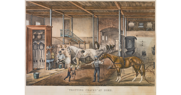 A color print of people caring for horses in a stable.