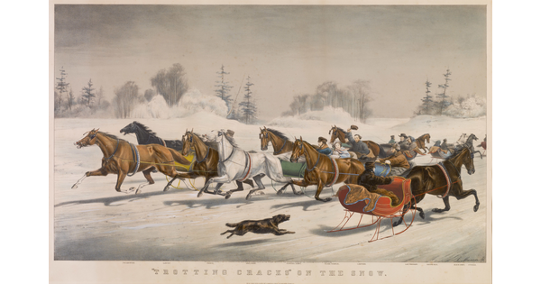 A color print of multiple horse-drawn sleighs with passengers racing across the snow, a dog chasing one sleigh.
