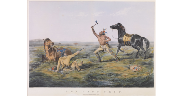 A color print of a White man on the grassy ground holding a gun and shooting toward an Indigenous man holding an axe.