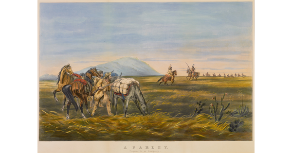 A color print of a White man and Native American man on horseback meeting at center of field as others watch.
