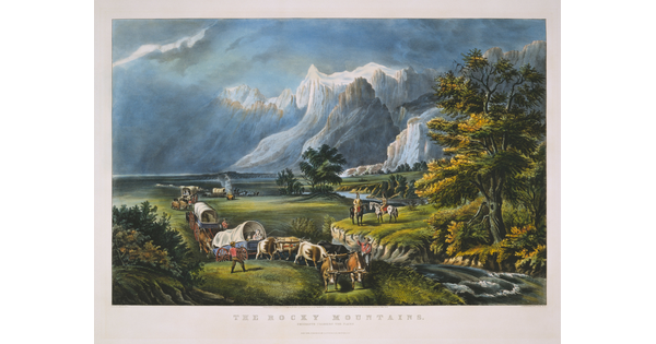 A idealized landscape print of a line of covered wagons traveling across a lush green plain with the Rocky Mountains towering behind them.