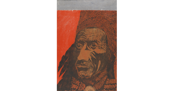 An abstract color print in reds, browns, and oranges of the face of an Indigenous man wearing a headdress.