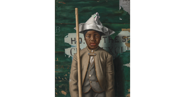 An oil painting of a Black boy wearing a newspaper hat and tattered clothes, resting a wooden pole on his shoulder, and standing against wall with old handbills on it.
