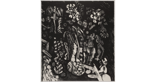 An abstract black-and-white print of white and gray circular and geometric shapes and patterns clustered in a sketchy black background.