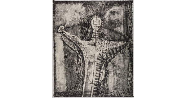 An abstract black-and-white print of a human-like figure raising its arms, illustrated with stripes, speckles, and other geometric shapes.