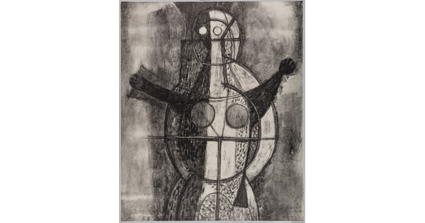 An abstract black-and-white print of a female figure made of geometric shapes, arms raised upward.